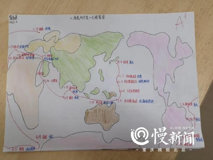 孩子们日常读《海底两万里》绘制的行程图