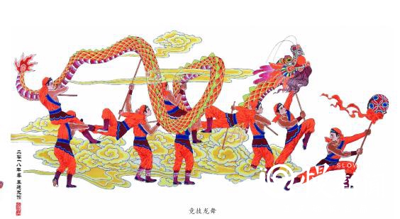 《铜梁龙灯》由40幅绘画作品组成,大部分作品以龙头,龙身和舞龙人为主