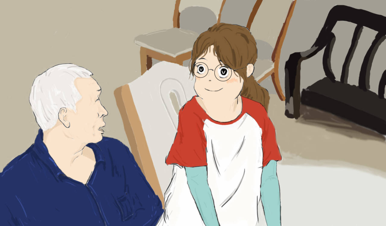 图为志愿者们到敬老院去看望老人们,与老人一起聊天的手绘.