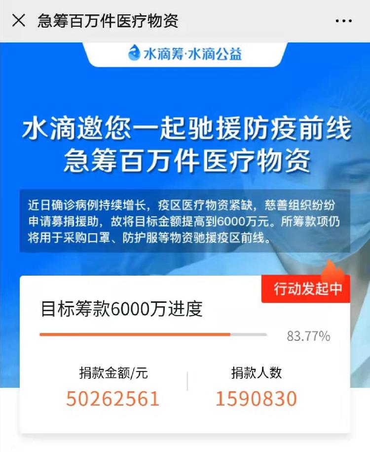 水滴筹平台筹款5000万驰援疫区