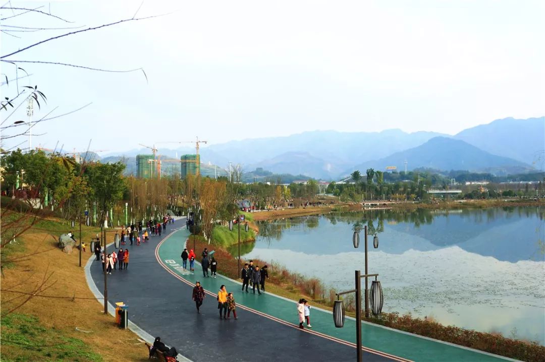 人行步道和自行车道人行栈道双桂湖国家湿地公园全貌和管理服务区五个