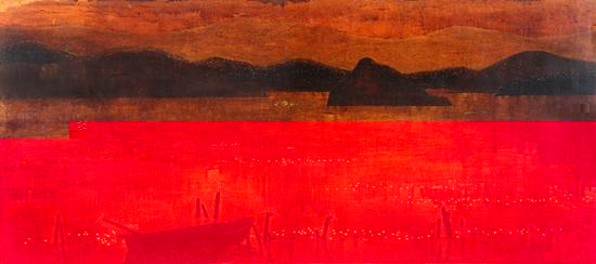 《泸沽湖之晨》何豪亮，1973年，木板漆画、大漆，92X41CM