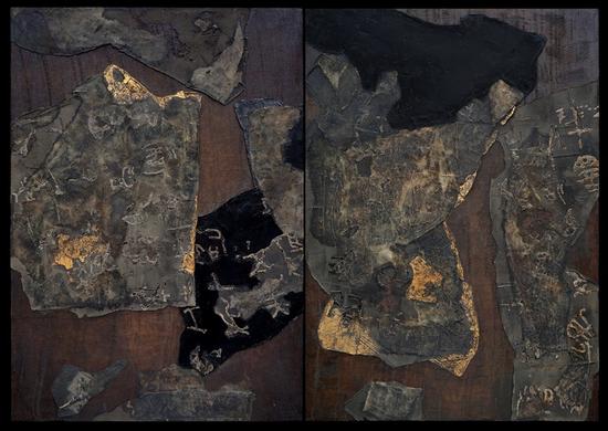 《撕碎的散氏盘》林文洁，2015年，木板漆画、大漆、灰料、布、金箔，112X80cm