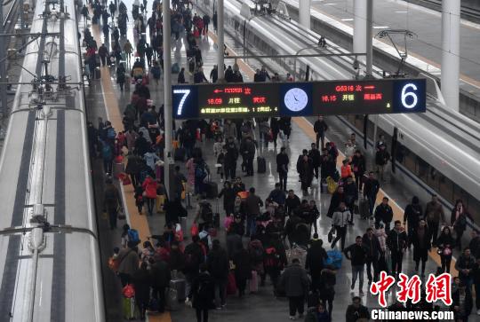 2月9日，福州火车北站旅客登列车返乡。据中国铁路总公司消息，当日，全国铁路预计发送旅客940万人次，增开旅客列车944列。　张斌　摄