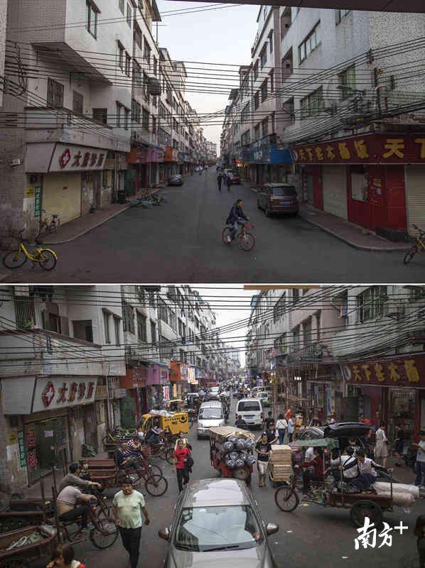 上图：2月12日，桥南新街是大塘村里最热闹的街道，大年二十七，这里已是静悄悄。下图：3月3日，节后的桥南新街，各式各样的车辆拥堵在街道上，十分忙碌。