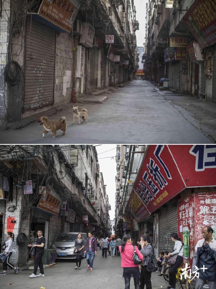 上图：2月12日，大年二十七，大塘村内的街道已经没有了人，两只小狗在游荡。下图：3月3日，街道上已是熙熙攘攘，各式招工或找工的人。