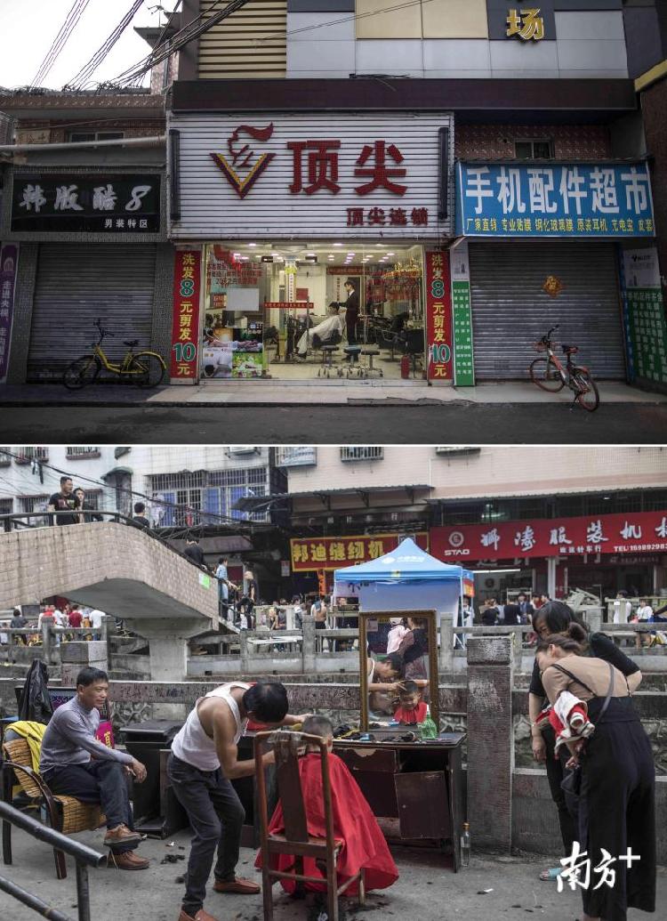 上图：2月12日，大年二十七，大塘村内一家理发店还在营业，旁边的商铺都已经关门。下图：3月3日，恢复热闹的村子，路边的理发摊也吸引了许多顾客。