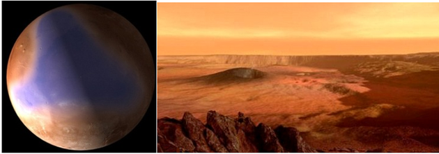 火星的北部平原在数十亿年前可能是一片汪洋（左），火星快车探测器发现的“海床”沉积物恰好位于火星的古海岸线以内（右）。