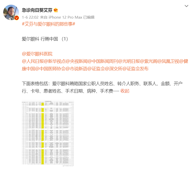 艾芬微博从1月6日开始发布“回扣明细“截图