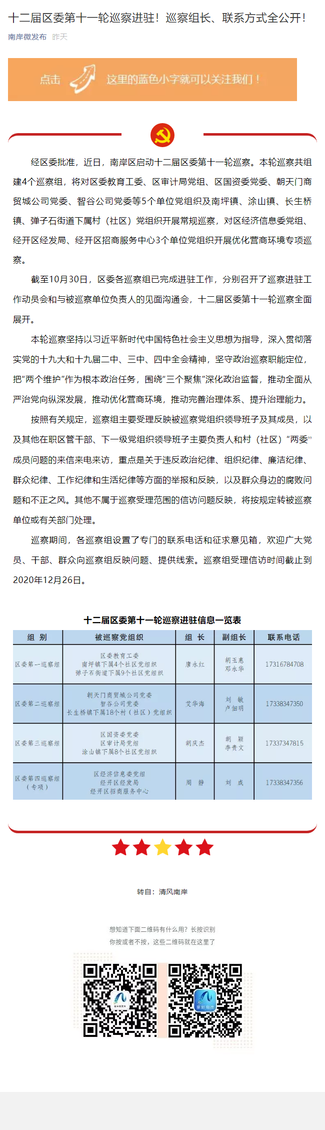 十二届区委第十一轮巡察进驻！巡察组长、联系方式全公开！|十二届区委第十一轮巡察进驻！巡察组长、联系方式全公开！