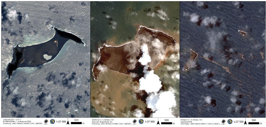 联合国卫星中心提供的洪阿哈阿帕伊岛卫星图片，分别摄制于2021年12月11日，2022年1月6日和2022年1月18日。