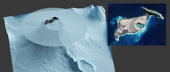 洪阿哈阿帕伊火山建模图，图示露出洋面的洪阿哈阿帕伊火山岛只是整座火山山口极小的一部分。
