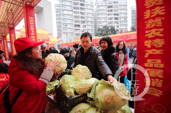 梁平区柏家镇举办以“消费扶贫”为主题的农特产品展销会,图为市民在购买高山蔬菜。刘辉 摄.png