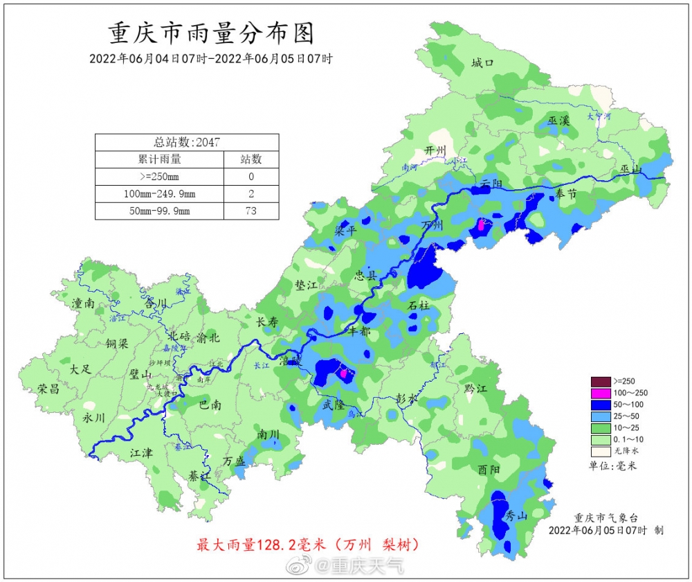 昨日今晨73個雨量站遭遇暴雨萬州區梨樹降雨1282毫米